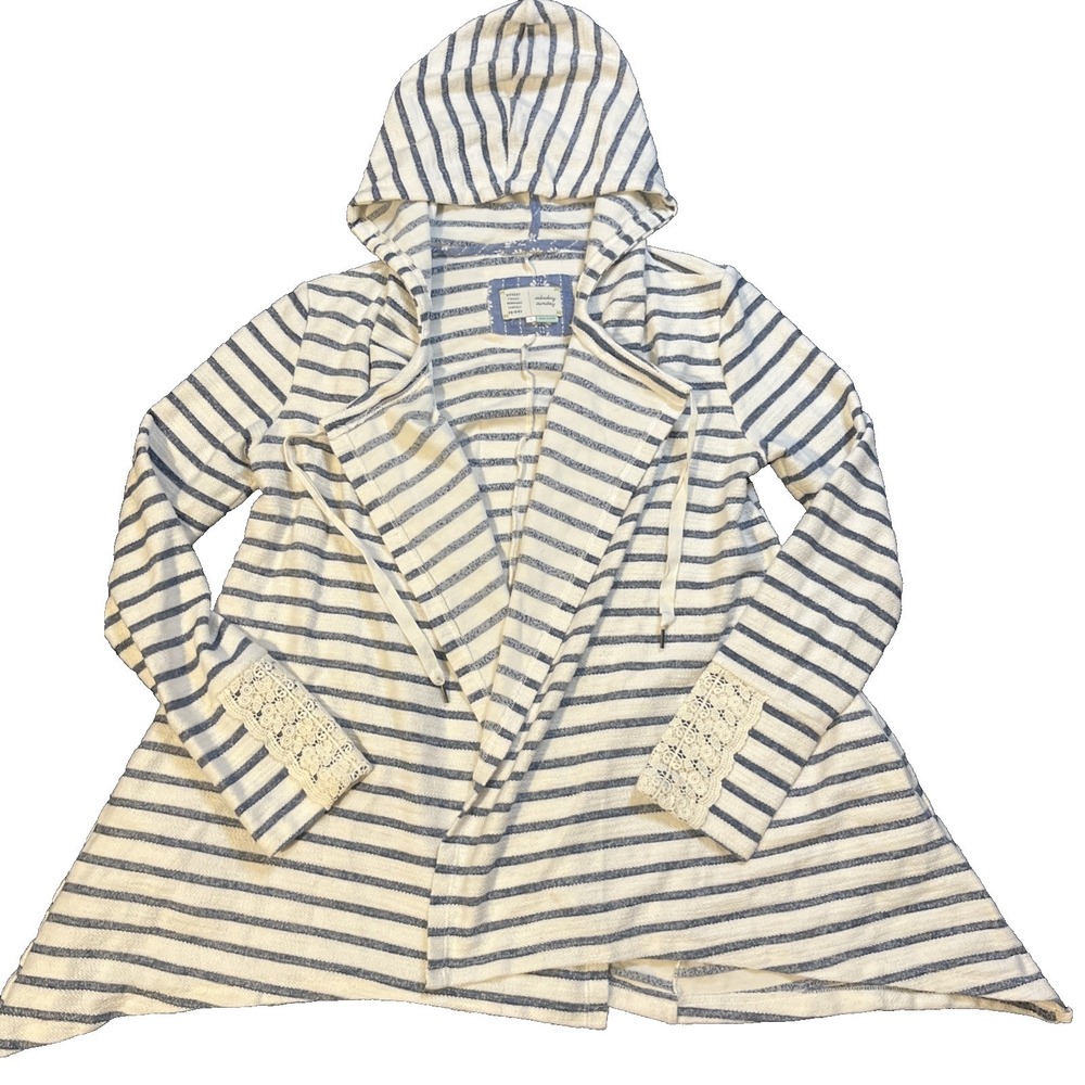 Saturday Sunday Cardigan Womens S Blue Striped Lace Trim Hooded Boho Coastal‎